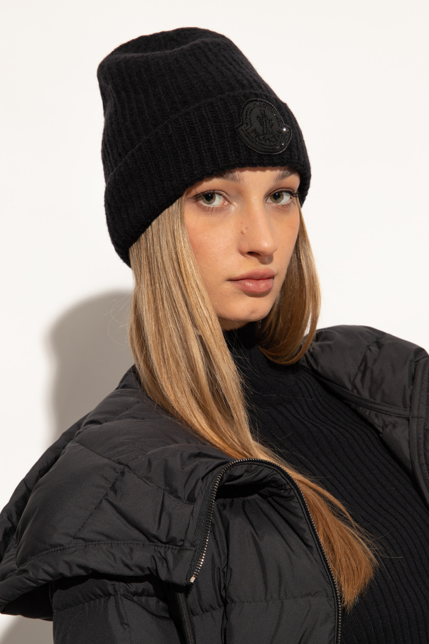 Black Ribbed beanie Moncler Biname fmedShops AG Mens Crest Adjustable pattern hat